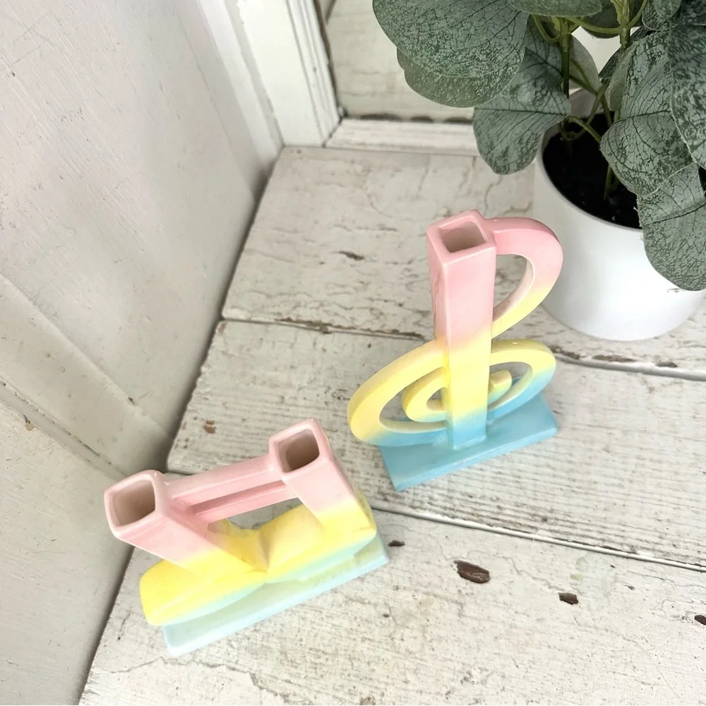 Vintage Fitz & Floyd Music Note Treble Clef Pastel Color Bud Flower Vases Japan